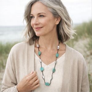 J Jill Turquoise Beaded Necklace Silver Tone Cord Boho Adjustable Artisan Resort